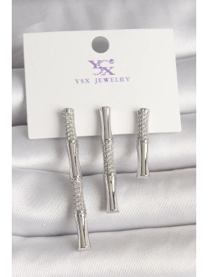 ® Pirinç Gümüş Renk Zirkon Taşlı Bambu Model 3Lü Kadın Kombin Küpe