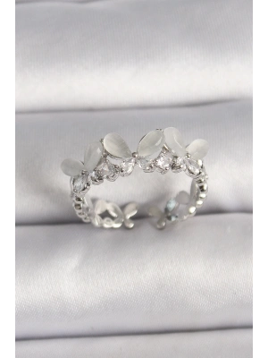 ® Pirinç Gümüş Renk Zirkon Taşlı Beyaz Mineli Kelebek Model Ayarlanabilir Yüzük