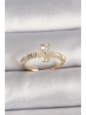 ® Pirinç Gümüş Renk Zirkon Taşlı Beyaz Mineli Yonca Model İnci Detay Ayarlanabilir Yüzük