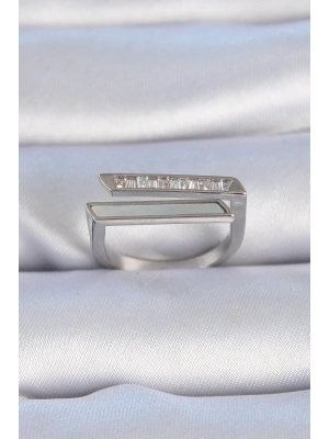 ® Pirinç Gümüş Renk Zirkon Taşlı Beyaz Sedef Detay Kadın Yüzük