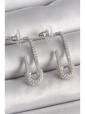 ® Pirinç Gümüş Renk Zirkon Taşlı Çengelli İğne Model Kadın Küpe