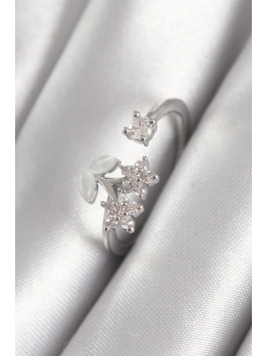 ® Pirinç Gümüş Renk Zirkon Taşlı Çiçek Model Kadın Yüzük