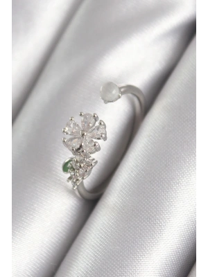 ® Pirinç Gümüş Renk Zirkon Taşlı Çiçek Model Kadın Yüzük