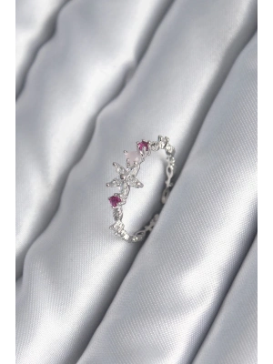 ® Pirinç Gümüş Renk Zirkon Taşlı Çiçek Model Pembe Zirkon Taş Detay Kadın Yüzük