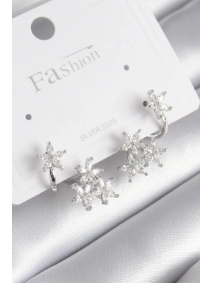 ® Pirinç Gümüş Renk Zirkon Taşlı Çiçek Tasarım Kadın Küpe