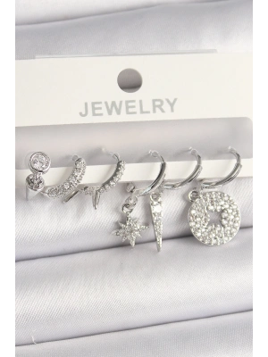 ® Pirinç Gümüş Renk Zirkon Taşlı Çoklu Figür Kadın Küpe Seti