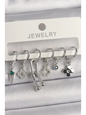 ® Pirinç Gümüş Renk Zirkon Taşlı Çoklu Figür Kadın Küpe Seti