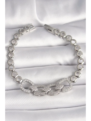 ® Pirinç Gümüş Renk Zirkon Taşlı Daire Zincir Model Kadın Bileklik