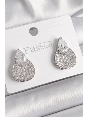® Pirinç Gümüş Renk Zirkon Taşlı Damla Model Kadın Küpe