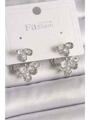 ® Pirinç Gümüş Renk Zirkon Taşlı Damla Model Kadın Küpe