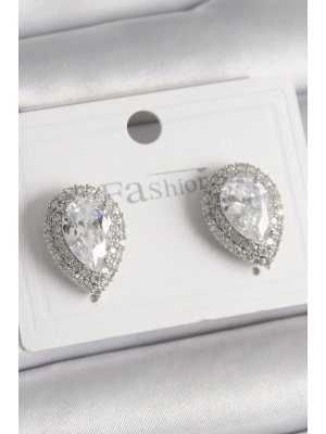 ® Pirinç Gümüş Renk Zirkon Taşlı Damla Model Kadın Küpe