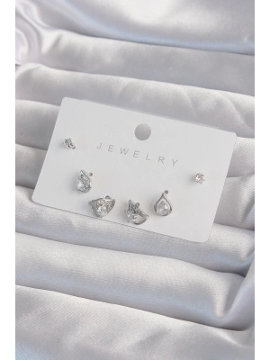 ® Pirinç Gümüş Renk Zirkon Taşlı Damla Model Küpe Seti