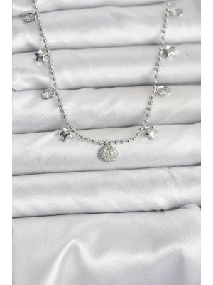 ® Pirinç Gümüş Renk Zirkon Taşlı Deniz Kabuğu Model Kadın Kolye