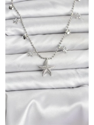 ® Pirinç Gümüş Renk Zirkon Taşlı Deniz Yıldızı Model Kadın Kolye