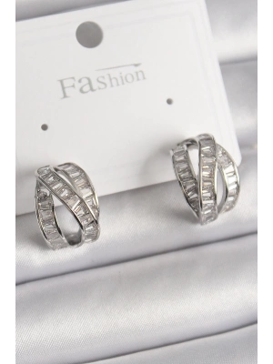 ® Pirinç Gümüş Renk Zirkon Taşlı Düğüm Halka Model Kadın Küpe