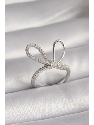 ® Pirinç Gümüş Renk Zirkon Taşlı Düğüm Model Kadın Yüzük