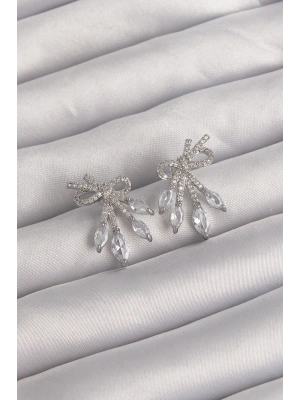 ® Pirinç Gümüş Renk Zirkon Taşlı Fiyonk Küpe