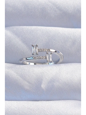 ® Pirinç Gümüş Renk Zirkon Taşlı Geometrik Ayarlanabilir Yüzük