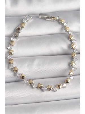 ® Pirinç Gümüş Renk Zirkon Taşlı Gold Kalpli VIP Seri Kadın Bileklik