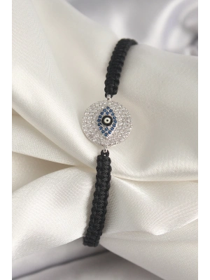 ® Pirinç Gümüş Renk Zirkon Taşlı Göz İşlemeli Figür Asansörlü Makrome Model Kadın Bileklik