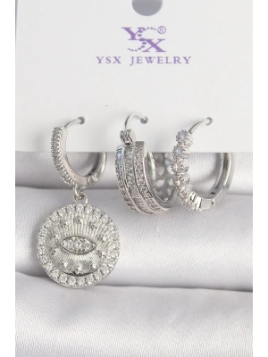 ® Pirinç Gümüş Renk Zirkon Taşlı Göz İşlemeli Halka Model 3Lü Kadın Kombin Küpe