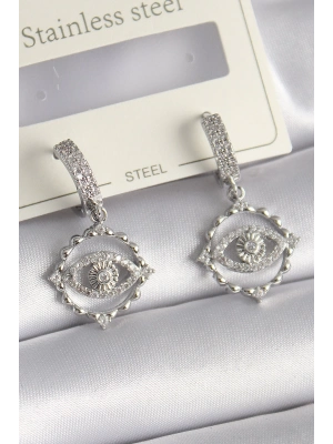 ® Pirinç Gümüş Renk Zirkon Taşlı Göz Model Kadın Küpe