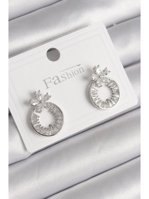® Pirinç Gümüş Renk Zirkon Taşlı Halka Model Çiçek Figür Kadın Küpe