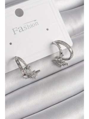 ® Pirinç Gümüş Renk Zirkon Taşlı Halka Model Sallantı Yıldız Detay Kadın Küpe