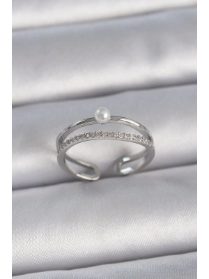 ® Pirinç Gümüş Renk Zirkon Taşlı İnci Detay Ayarlanabilir Model Kadın Yüzük