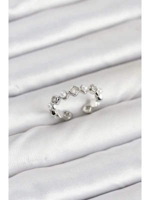 ® Pirinç Gümüş Renk Zirkon Taşlı İncili Kadın Yüzük