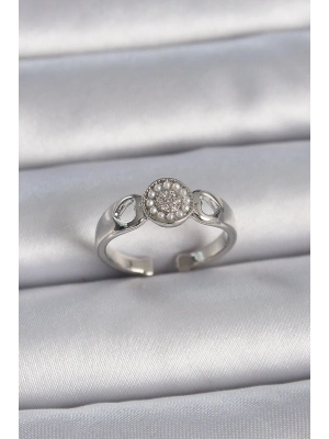 ® Pirinç Gümüş Renk Zirkon Taşlı İncili Kalp İşleme Detay Ayarlanabilir Model Kadın Yüzük