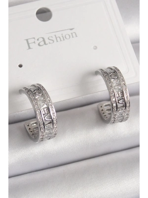 ® Pirinç Gümüş Renk Zirkon Taşlı İşleme Detay Halka Model Kadın Küpe