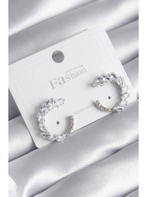 ® Pirinç Gümüş Renk Zirkon Taşlı Kadın Küpe