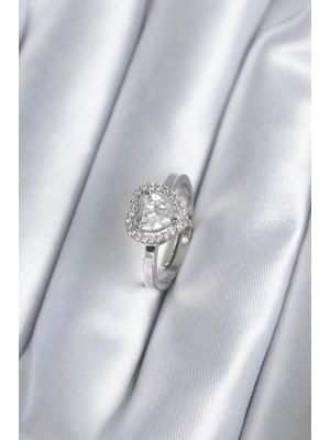 ® Pirinç Gümüş Renk Zirkon Taşlı Kalp Charm Model Kadın Yüzük