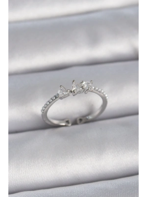 ® Pirinç Gümüş Renk Zirkon Taşlı Kalp İnci Detay Ayarlanabilir Model Kadın Yüzük