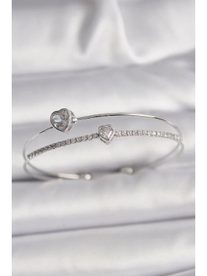 ® Pirinç Gümüş Renk Zirkon Taşlı Kalp Model Kadın Bileklik