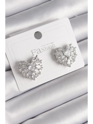 ® Pirinç Gümüş Renk Zirkon Taşlı Kalp Model Kadın Küpe