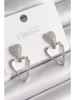 ® Pirinç Gümüş Renk Zirkon Taşlı Kalp Model Kadın Küpe