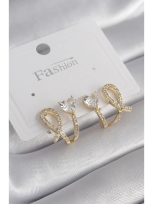 ® Pirinç Gümüş Renk Zirkon Taşlı Kalp Model Kadın Küpe