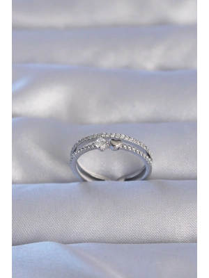 ® Pirinç Gümüş Renk Zirkon Taşlı Kalpli Su Yolu Model Ayarlanabilir Yüzük