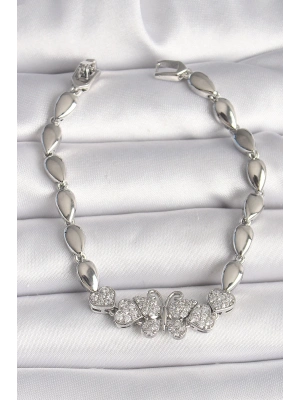 ® Pirinç Gümüş Renk Zirkon Taşlı Kelebek Figür Damla Zincir Model Kadın Bileklik