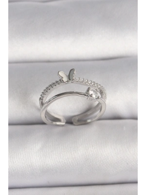 ® Pirinç Gümüş Renk Zirkon Taşlı Kelebek Figürlü Ayarlanabilir Yüzük