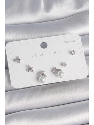 ® Pirinç Gümüş Renk Zirkon Taşlı Kelebek Model İnci Detay 925 Ayar Gümüş Çivi Kadın Küpe Seti