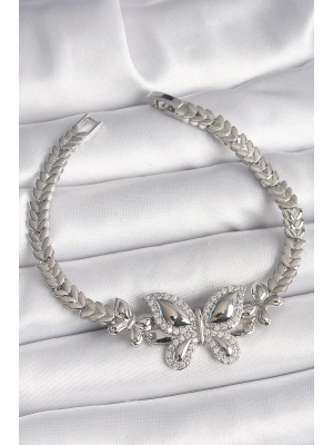 ® Pirinç Gümüş Renk Zirkon Taşlı Kelebek Model Kadın Bileklik