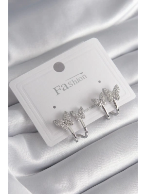 ® Pirinç Gümüş Renk Zirkon Taşlı Kelebek Model Kadın Küpe