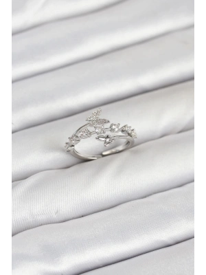 ® Pirinç Gümüş Renk Zirkon Taşlı Kelebek Model Kadın Yüzük