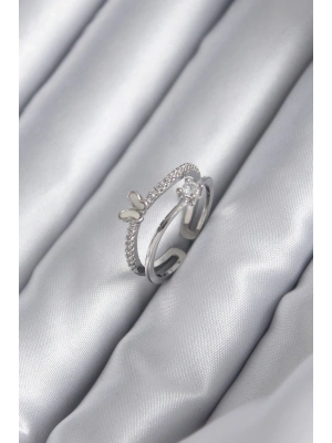 ® Pirinç Gümüş Renk Zirkon Taşlı Kelebek Model Kadın Yüzük