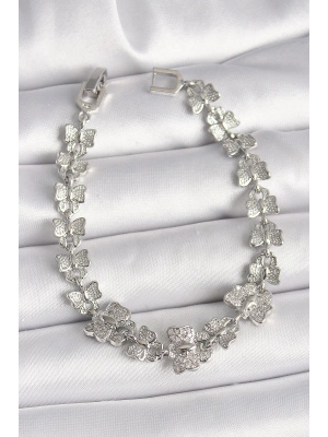 ® Pirinç Gümüş Renk Zirkon Taşlı Kelebek Model Zincir Kadın Bileklik