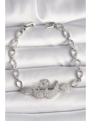 ® Pirinç Gümüş Renk Zirkon Taşlı Kuğu Figür Damla Zincir Model Kadın Bileklik