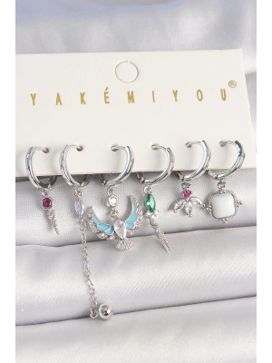 ® Pirinç Gümüş Renk Zirkon Taşlı Kuş Figür Çiçek Detay 6Lı Kadın Kombin Küpe